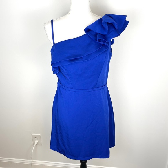 Mac Duggal One Shoulder Ruffle Mini Dress 55286 Royal Blue Size 8 New - Picture 2 of 14